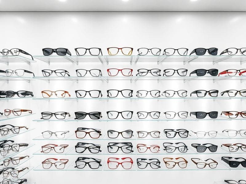 Display case with branded glasses in eye clinic